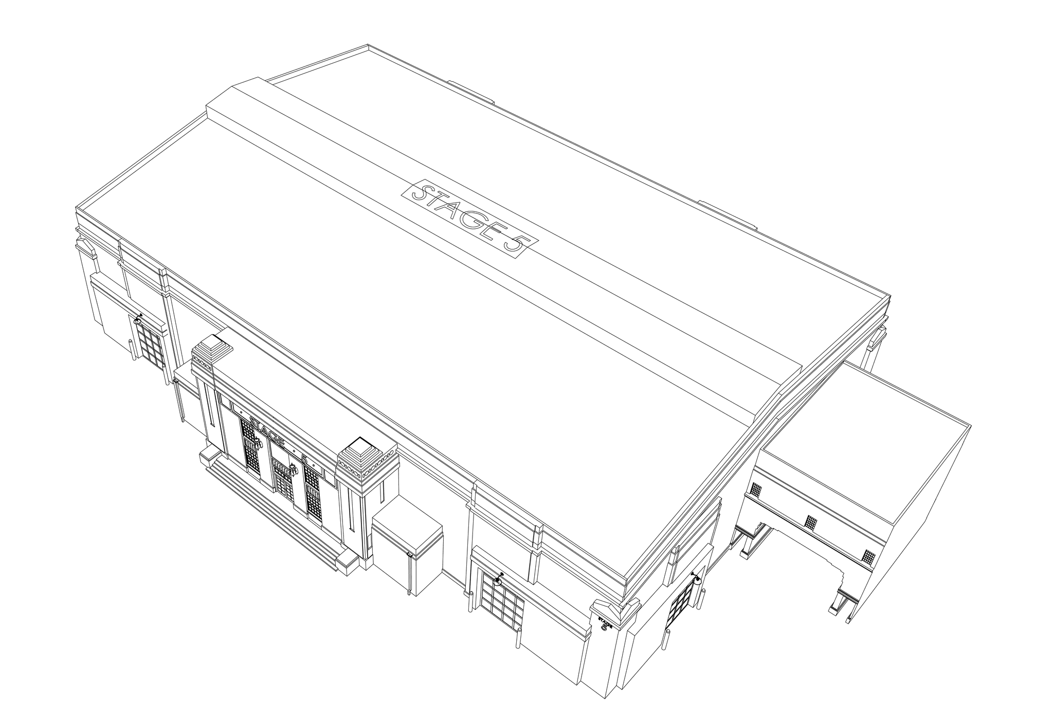 Line drawing of a building labeled "STAGE 6" on its roof, viewed from above.