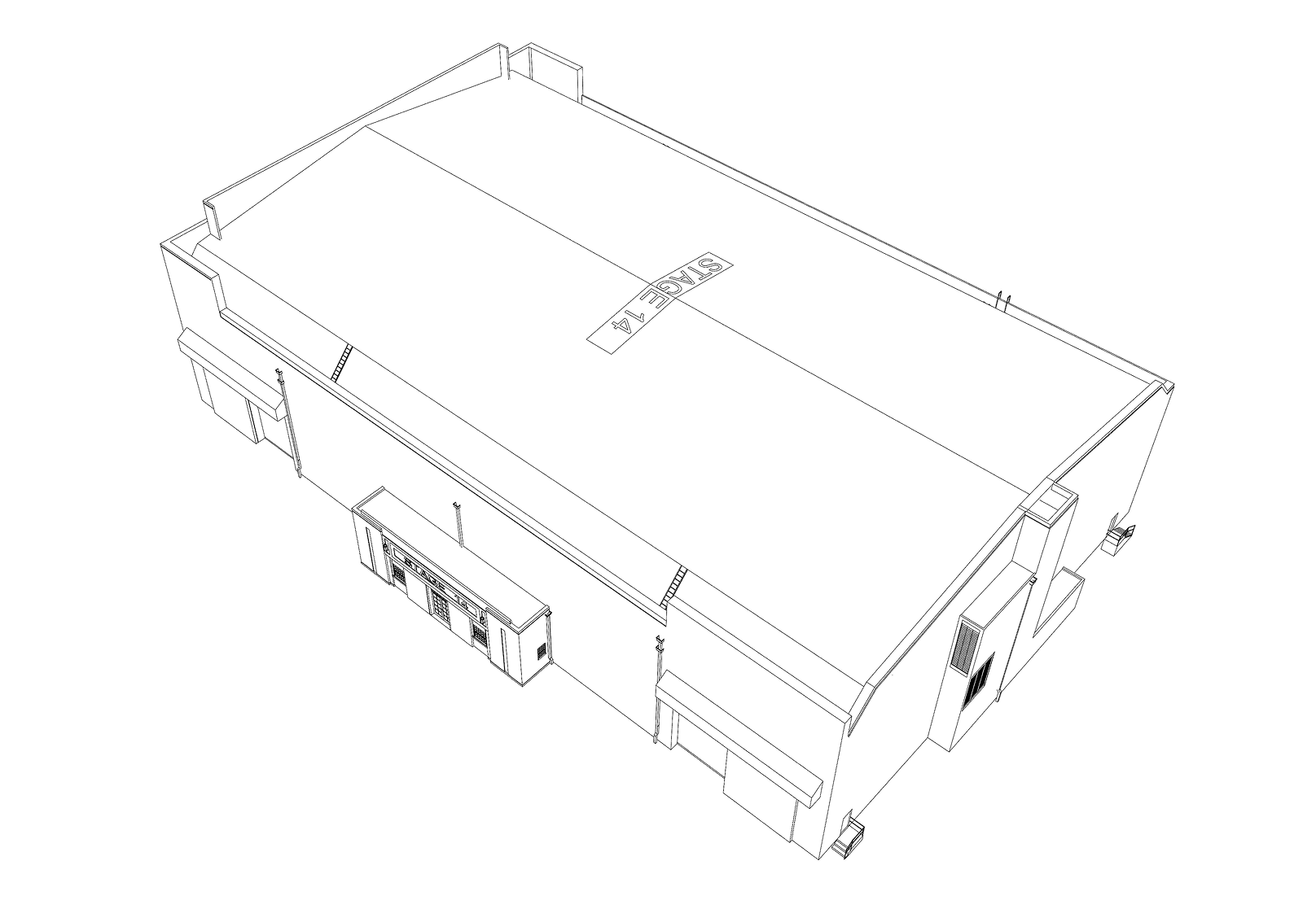 Aerial wireframe drawing of a building with "STAGE 14" on the roof.