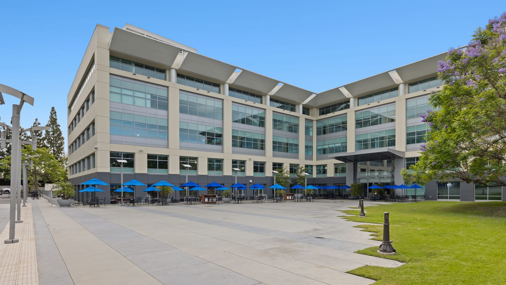 Modern office building with an outdoor patio under blue umbrellas and a green lawn.