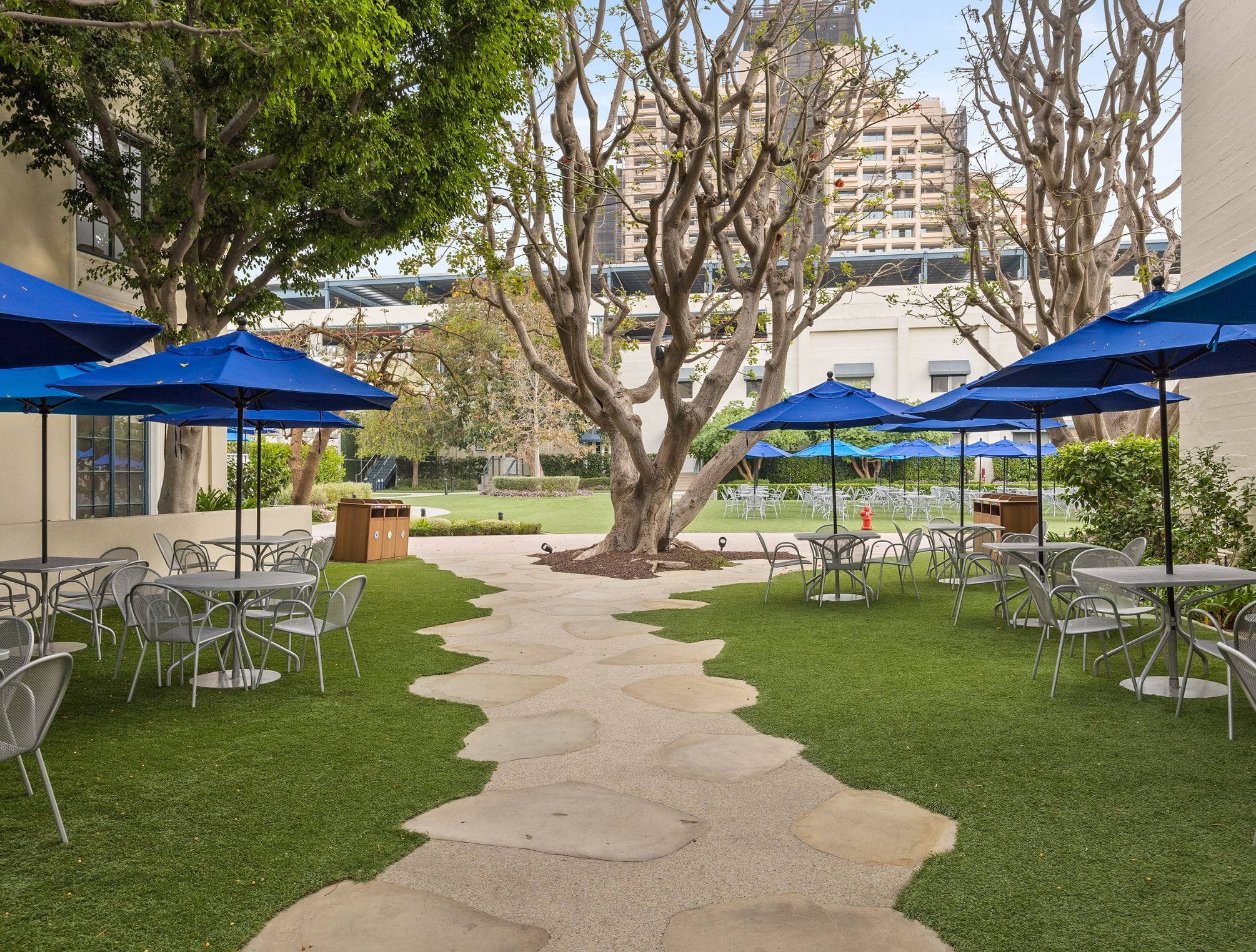 An outdoor patio with tables, chairs, and blue umbrellas on a green lawn with a winding stone path.