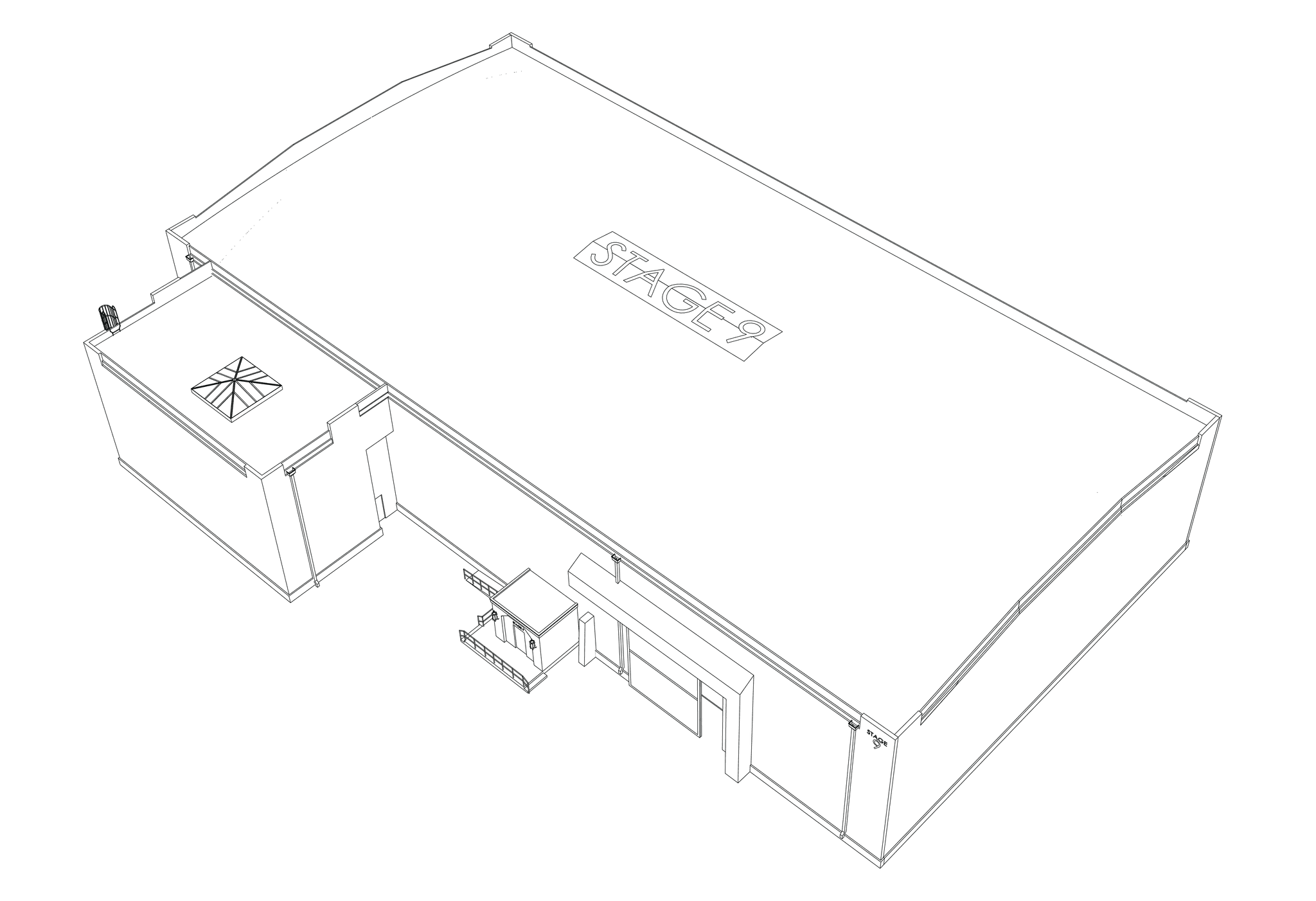Line drawing of a building with "STAGE 9" on the roof.