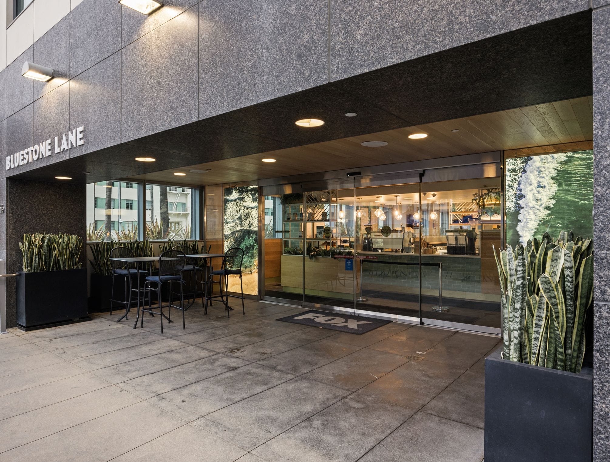 Exterior of Bluestone Lane cafe with outdoor seating, snake plants, and an ocean wave mural on a window.