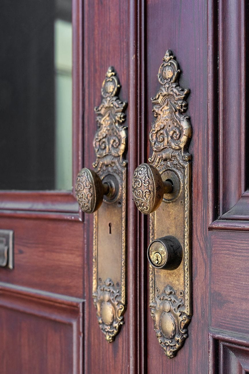 Ornate brass door handles and key plates on a dark wooden double door.