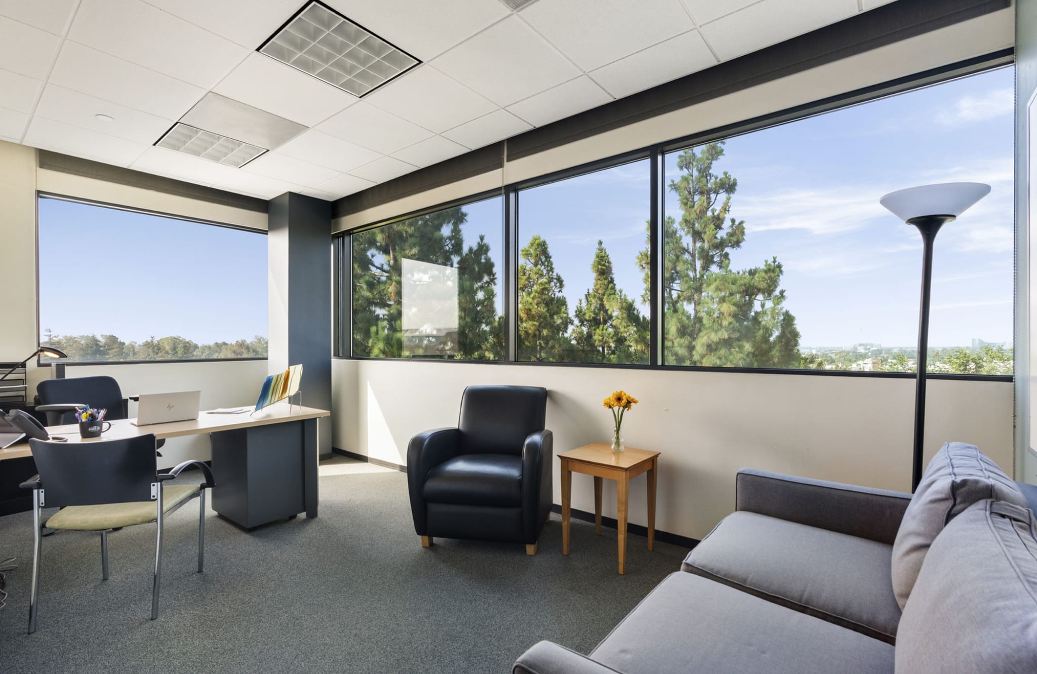 A bright, modern office with large windows overlooking trees, featuring a desk, an office chair, a black armchair, and a grey sofa.