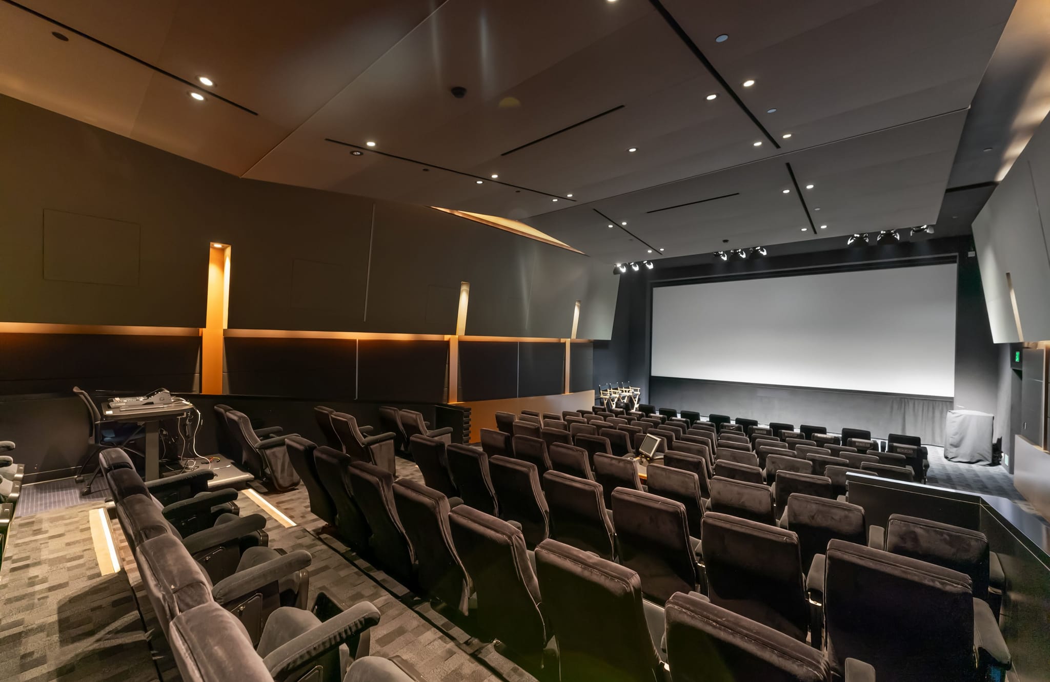 A modern, empty movie theater with rows of dark seats facing a large white screen.