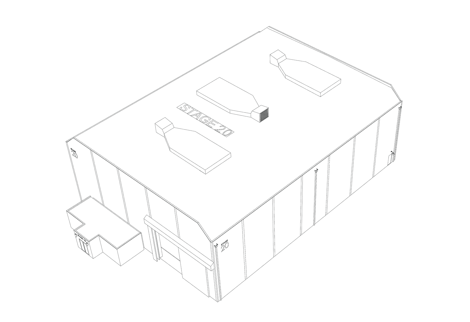 Isometric line drawing of a building labeled 'STAGE 20' on the roof.