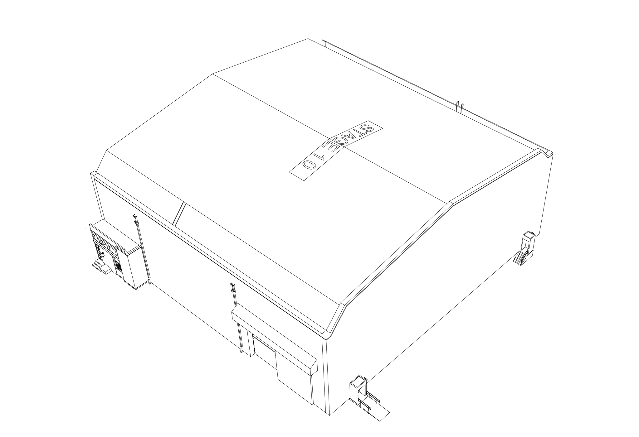 Line drawing of a building with "STAGE 10" on the roof.