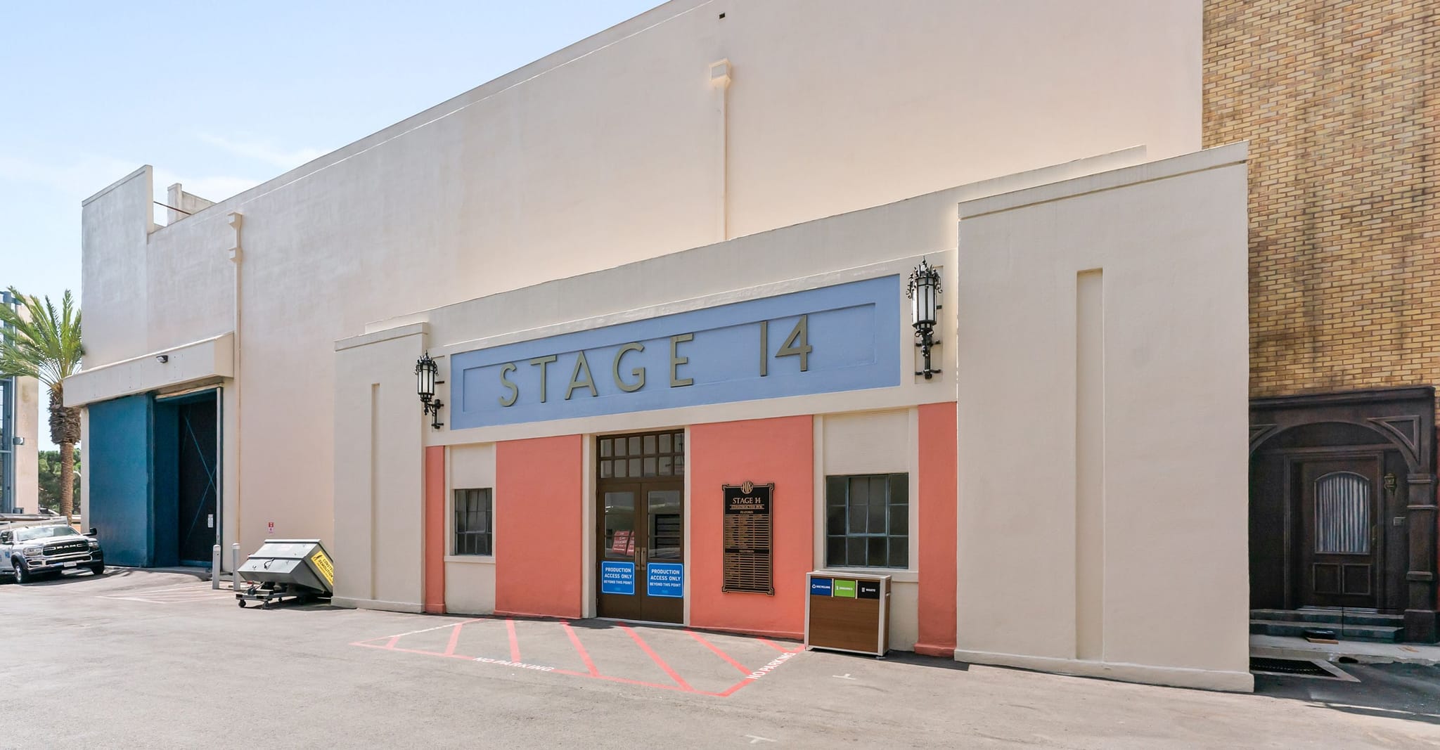 Exterior of a film studio soundstage labeled "STAGE 14".