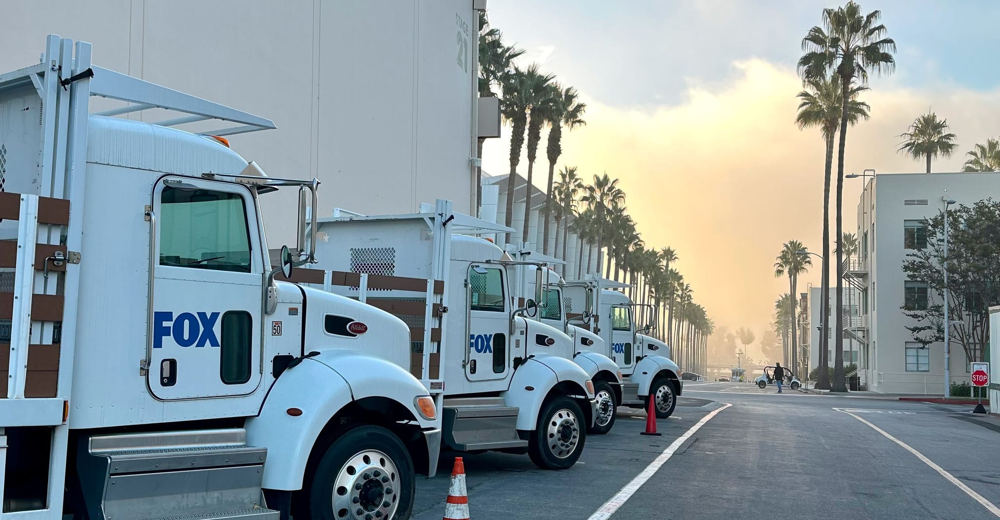 White FOX production trucks parked along a palm-lined street under a hazy, golden sky.