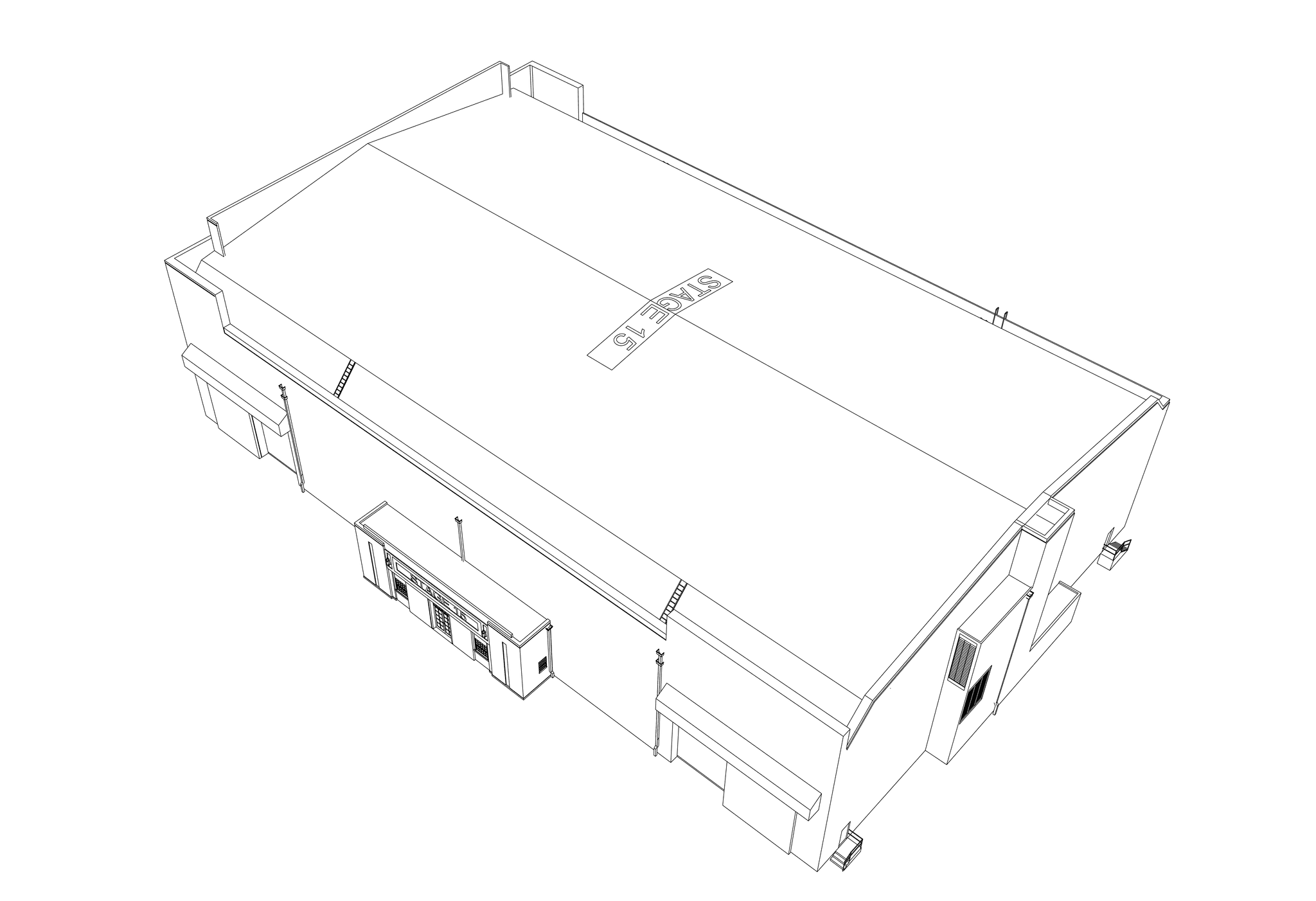 Isometric wireframe drawing of a building labeled 'STAGE 15' on its roof.