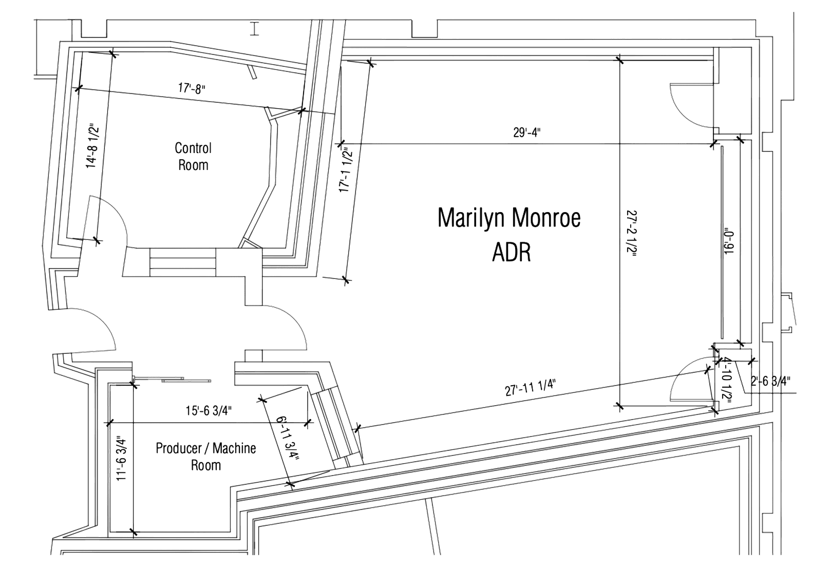 Floor plan detailing a "Marilyn Monroe ADR" room, "Control Room," and "Producer / Machine Room," complete with dimensions.