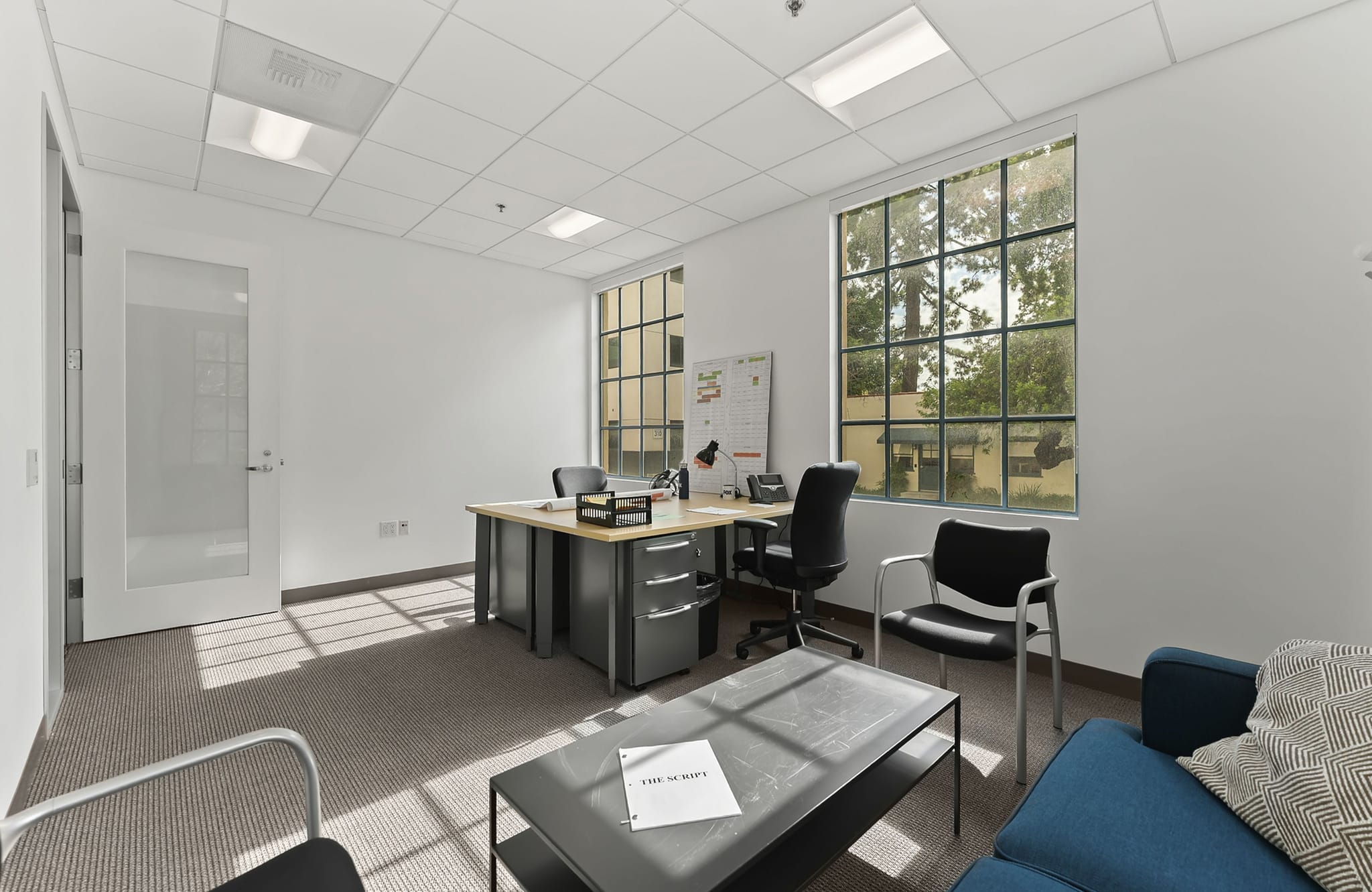 A bright, modern office with a desk, guest seating, and large windows overlooking trees.