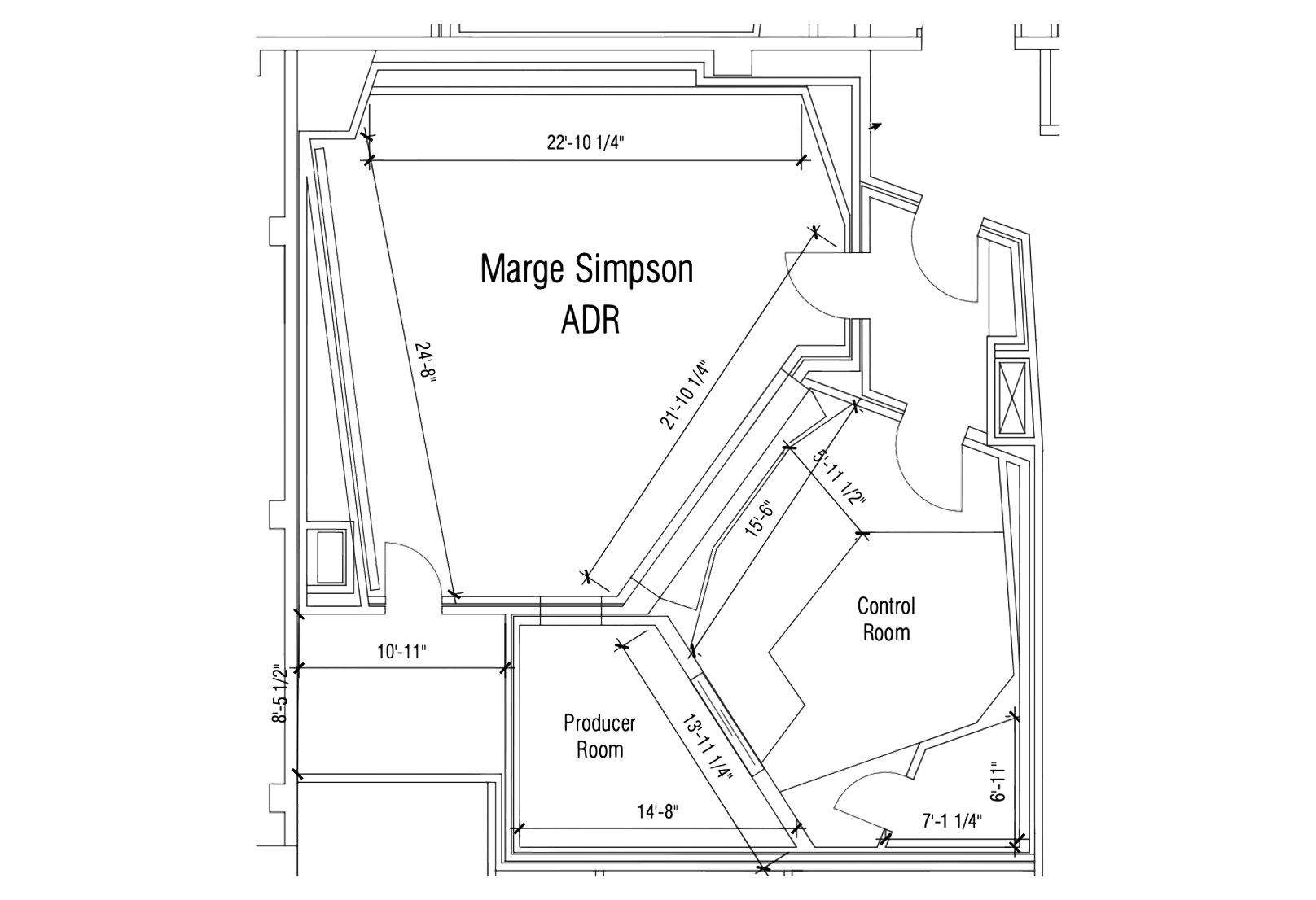 A floor plan of a sound studio with rooms labeled Marge Simpson ADR, Control Room, and Producer Room, including dimensions.